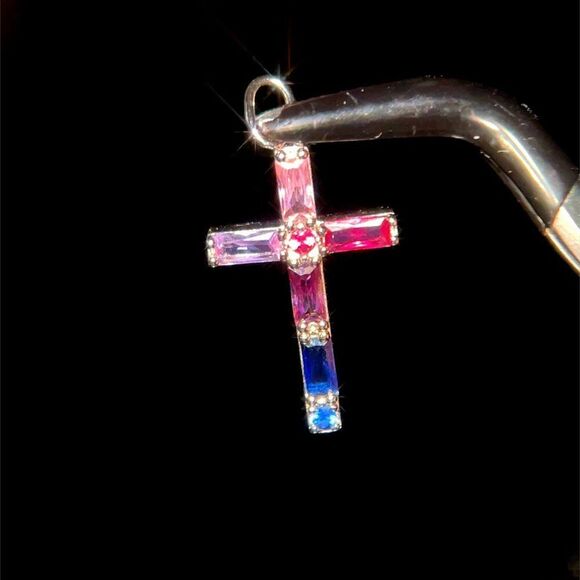 925 Silver Multicolor Stones Cross Pendant - Picture 3 of 4